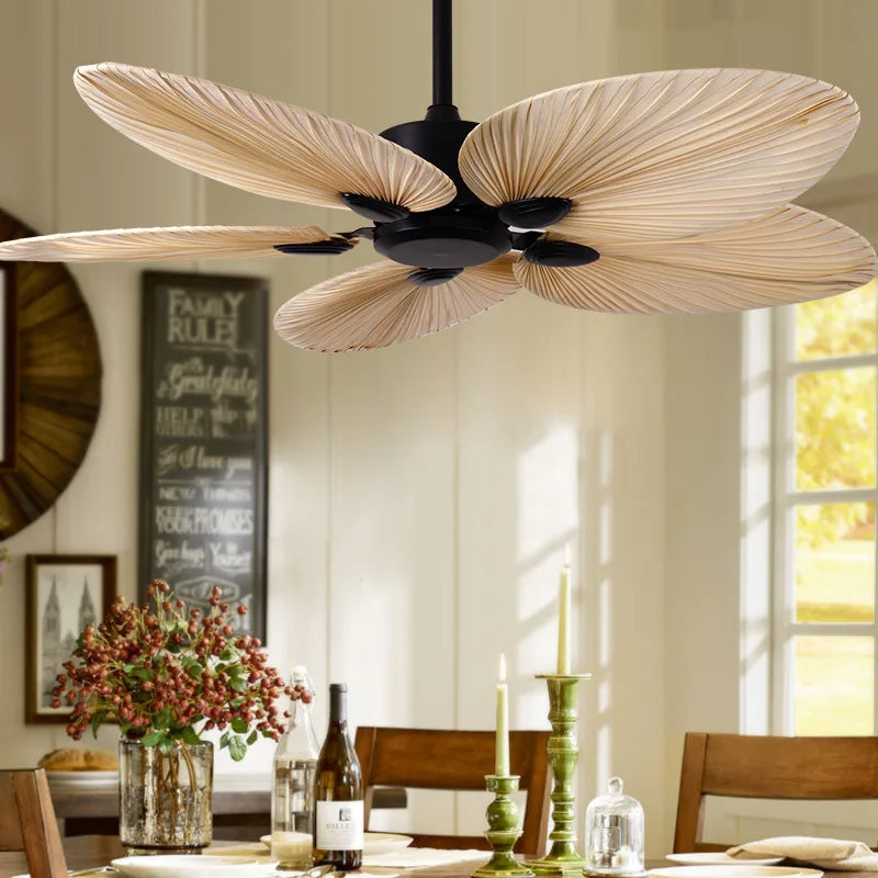 2022 New High Quality 52inch Factory Price Natural Breeze Palm Leaf Fan Blades 220V Remote Control Ceiling Fan Living Room