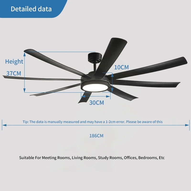 72 Inch Black Ceiling Fan with Light, DC Motor Remote Control 6-speed Reversible Speed, Living Room, Terrace, Indoor and Outdoor