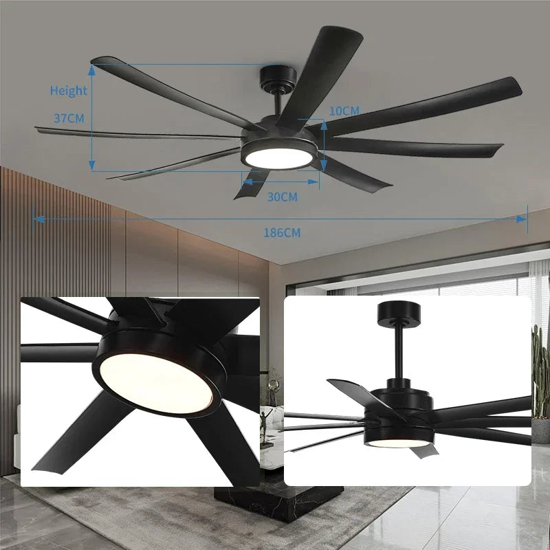 72 Inch Black Ceiling Fan with Light, DC Motor Remote Control 6-speed Reversible Speed, Living Room, Terrace, Indoor and Outdoor
