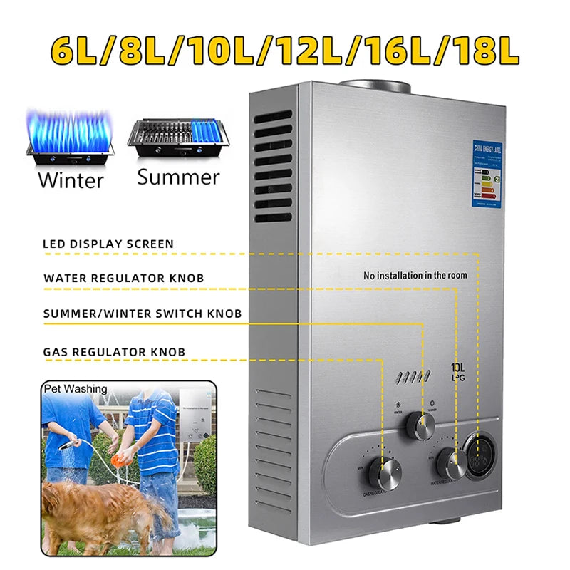 Propane Gas Heater Instant Water Heater 10/12/16/18L Water Heater 36KW Tank Tankless Stainless Steel Water Heater LPG/Nature Gas