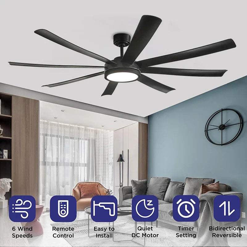 72 Inch Black Ceiling Fan with Light, DC Motor Remote Control 6-speed Reversible Speed, Living Room, Terrace, Indoor and Outdoor
