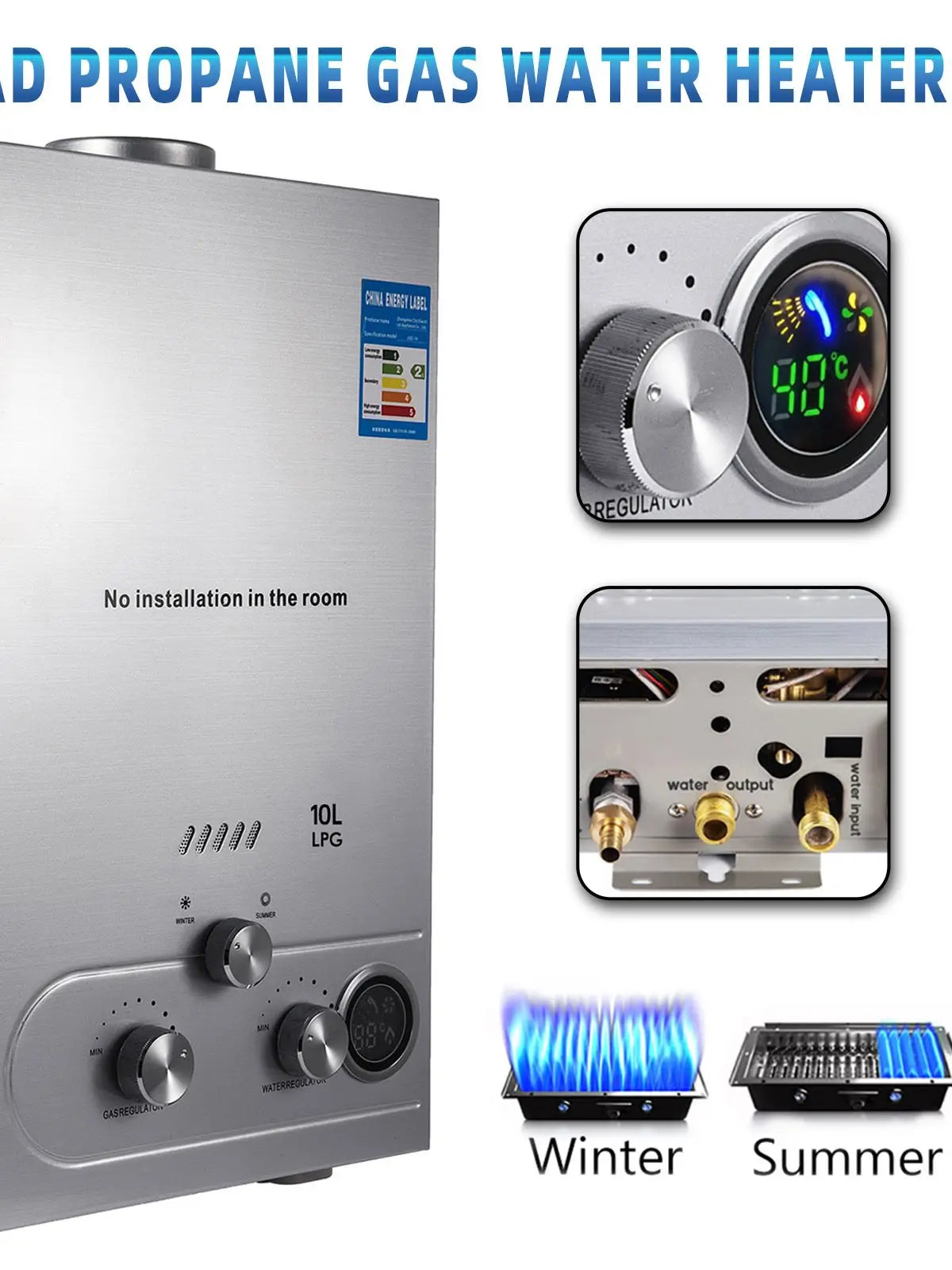 Propane Gas Heater Instant Water Heater 10/12/16/18L Water Heater 36KW Tank Tankless Stainless Steel Water Heater LPG/Nature Gas