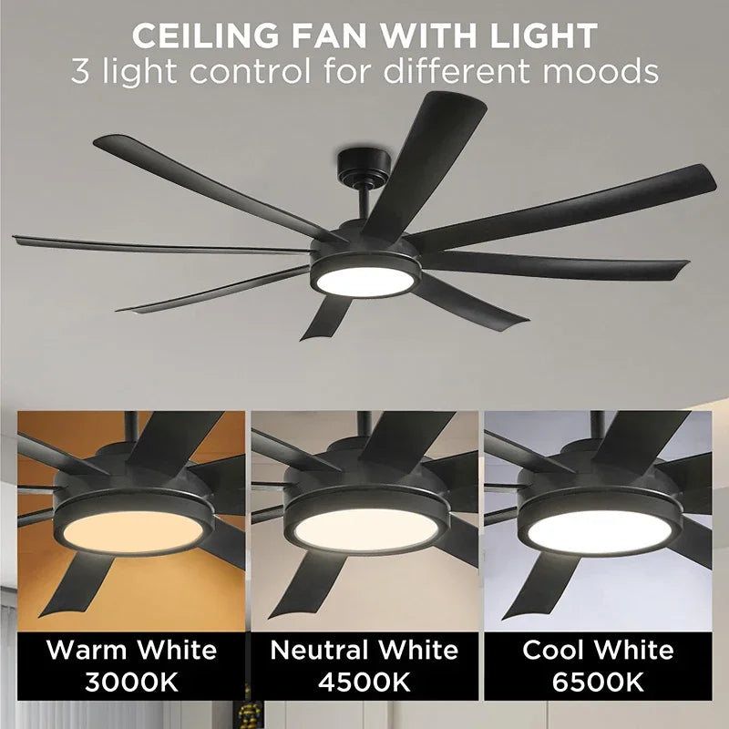 72 Inch Black Ceiling Fan with Light, DC Motor Remote Control 6-speed Reversible Speed, Living Room, Terrace, Indoor and Outdoor