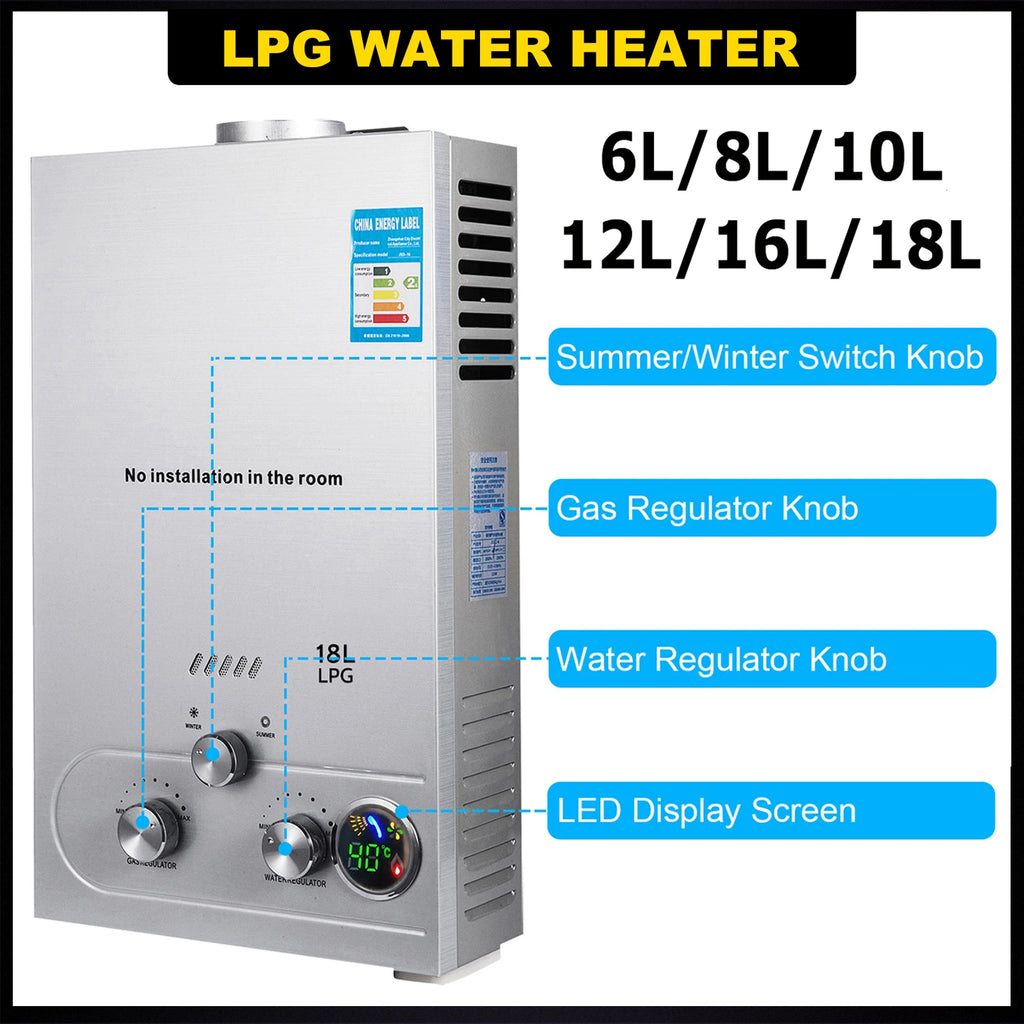 Propane Gas Heater Instant Water Heater 10/12/16/18L Water Heater 36KW Tank Tankless Stainless Steel Water Heater LPG/Nature Gas